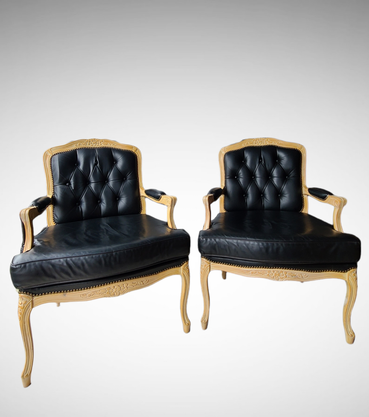 Louis XV Style Cream-Painted Fauteuils In Black Tufted Leather
