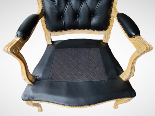 Louis XV Style Cream-Painted Fauteuils In Black Tufted Leather