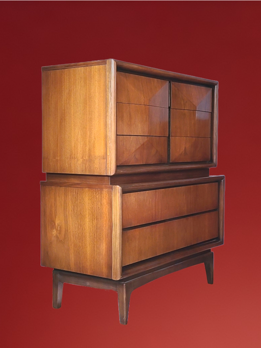Mid-Century Diamond Front Highboy By United