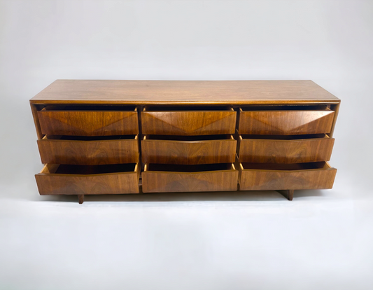 Mid-Century Diamond Front 9 Drawer Lowboy Dresser by United
