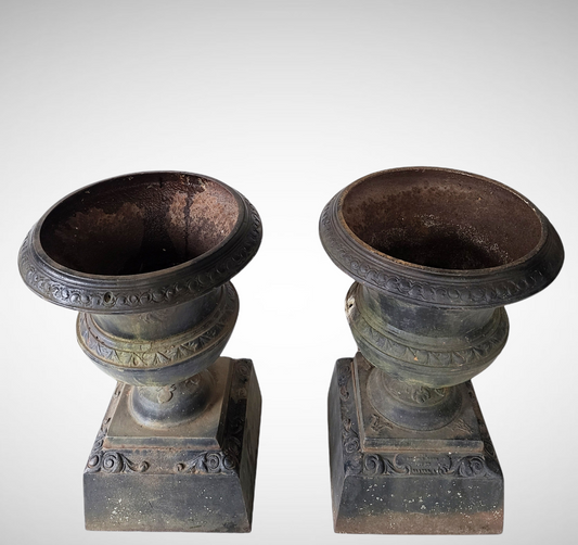 Antique Cast Iron Garden Urns - A Pair