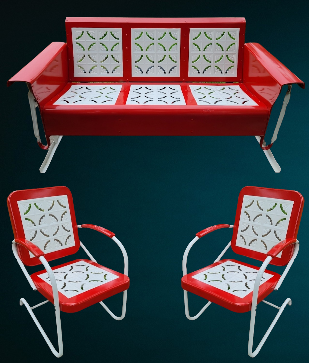 Vintage Bunting Pie Crust Powder Coated 3-Seat Porch Glider & 2 Chairs