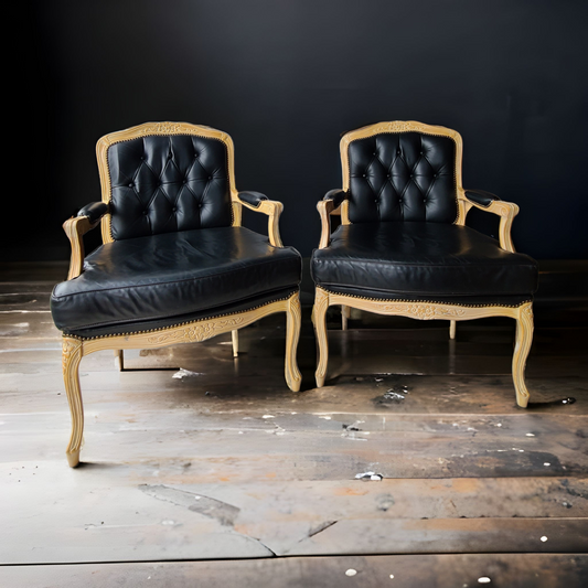 Louis XV Style Cream-Painted Fauteuils In Black Tufted Leather