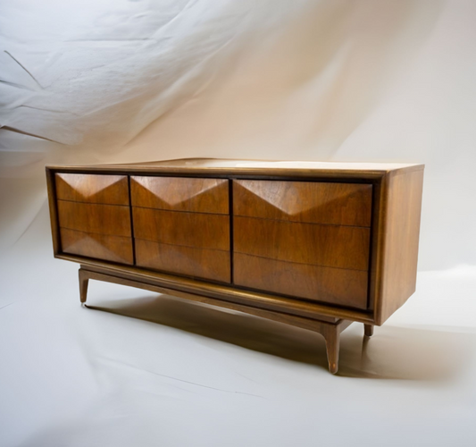 Mid-Century Diamond Front 9 Drawer Lowboy Dresser by United