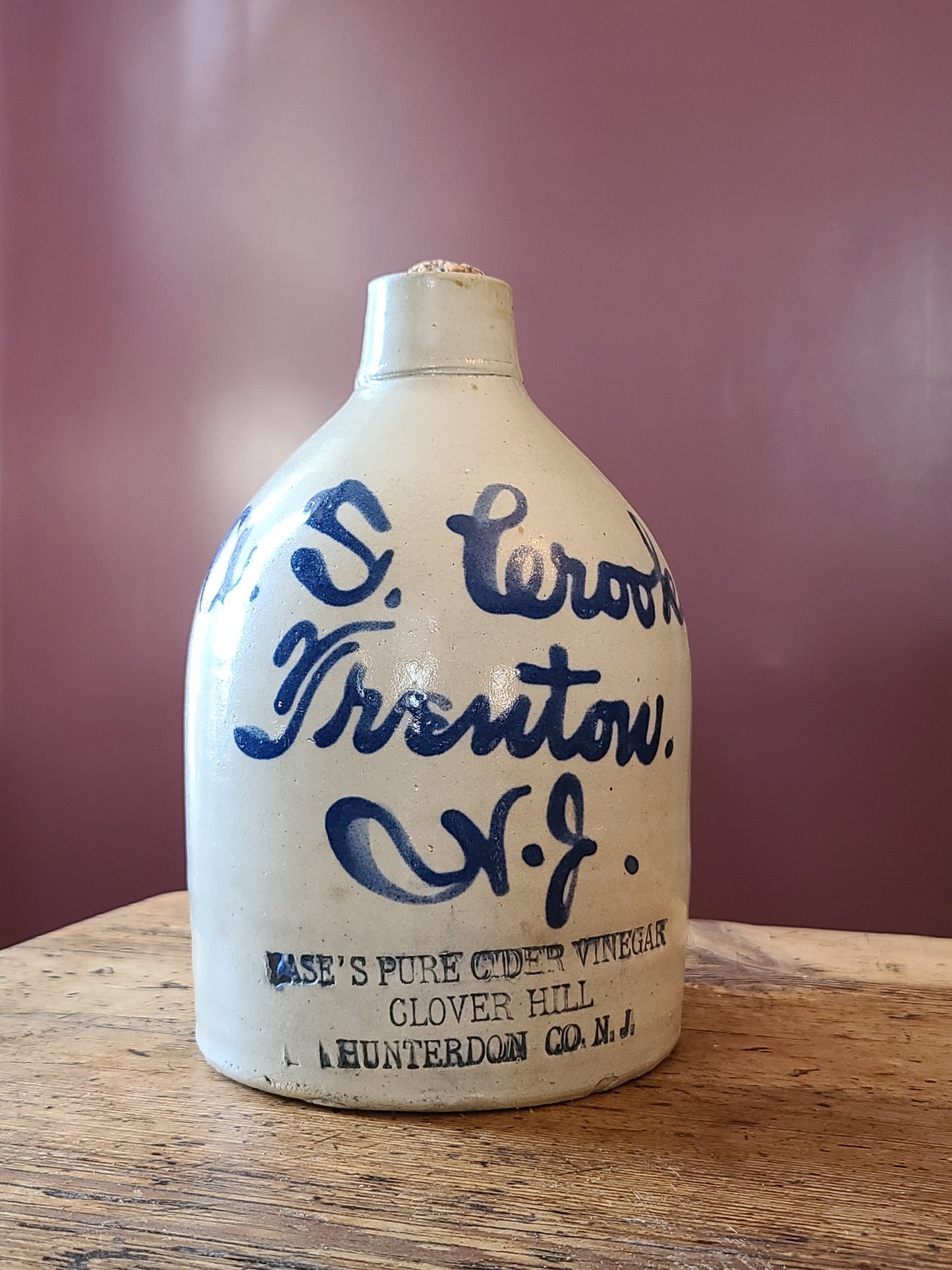 New Jersey Stoneware Blue Script Jug, "Case's Cider Vinegar"