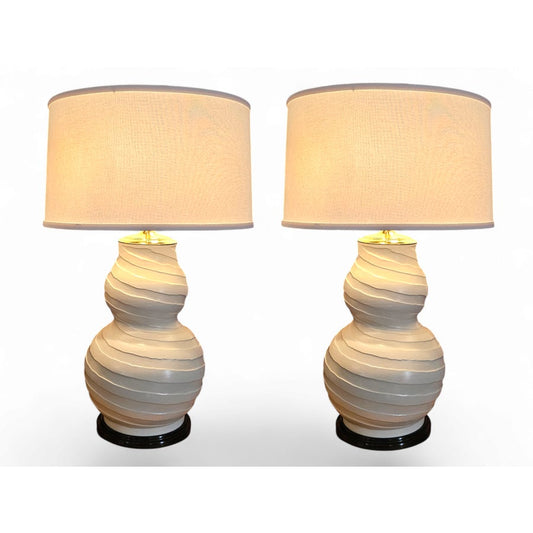 Large Roy Hamilton Double Gourd Spiral Table Lamps - a Pair